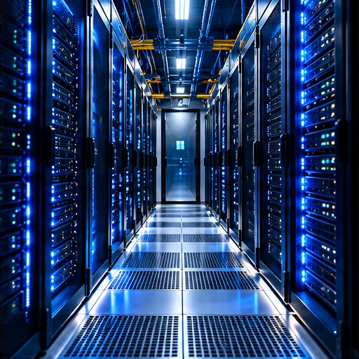 Illustrative blue-lit server data centre