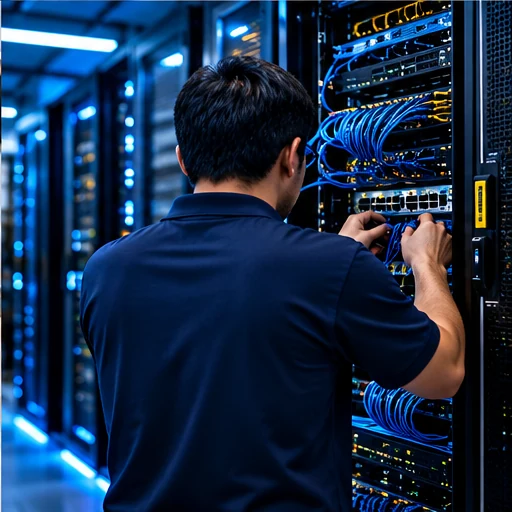 Illustrative technician maintaining server racks