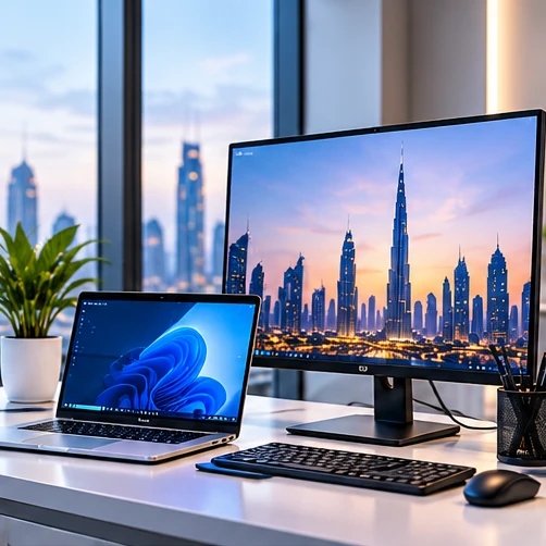 Conceptual realistic business IT equipment scene for Laptops & Desktops