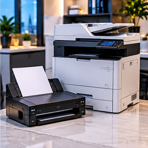 Conceptual realistic business IT equipment scene for Printers & Scanners